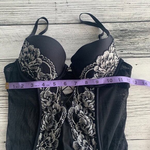 La Senza Bustier Corset Top Black Mesh Silver Metallic Lace - Picture 10 of 12